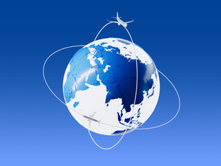 3d abstract creative artwork template planet earth international business thumb up planet earth plane. 3d render icon. Blue digital background © Kirill