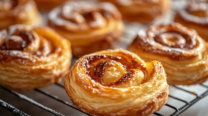 A tray of freshly baked Danish pastries, glistening with sugar glaze, is cooling on a wire rack.