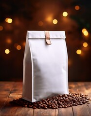 Foto de un Mockup de diseño de bolsa blanca de café sobre una mesa de madera con un fondo oscuro, foto de producto, iluminación rústica, bokeh, granos de café sobre la mesa © Argiduna
