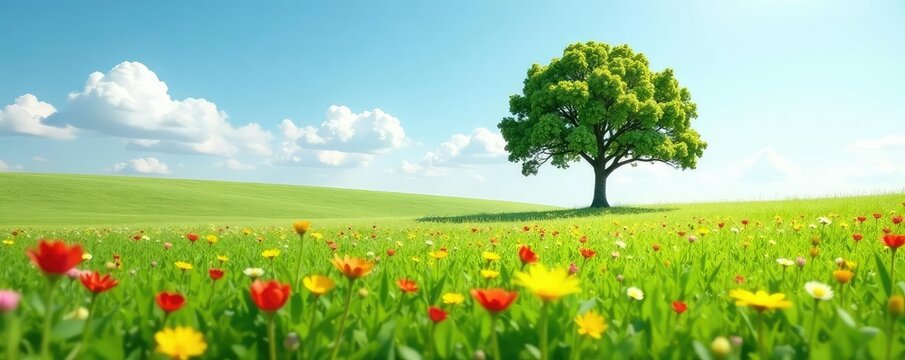 Single tree amidst a vast meadow of wildflowers, solo, grassland, solitary