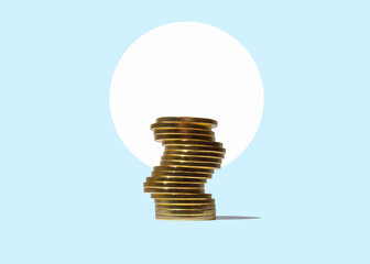 Art collage. Stack of coins as a podium with copy space. Business progress, long-term savings...