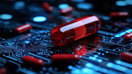 A vibrant red capsule rests on a circuit board, blending themes of pharmaceuticals and technology in a striking visual composition.