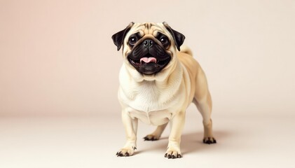 Obraz premium Solo pug against pure white backdrop, playful expression, funny,