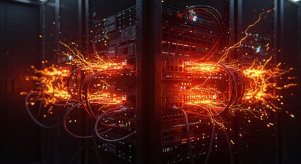 Servers with connected cables emitting orange sparks in a dark data center environment showing activity