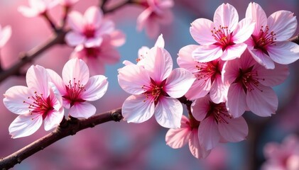 Fototapeta premium Vibrant sakura blooms, full coverage, stylized pattern, bright, cherry