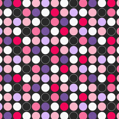 Polka dots design, Black background, seamless repeat colorful dots pattern, gift wrap paper