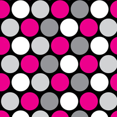 Polka dots design, Black background, seamless repeat colorful dots pattern, gift wrap paper