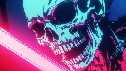 A dynamic and striking anime-style illustration featuring a Japanese Oni skull paired with a synthwave katana sword.