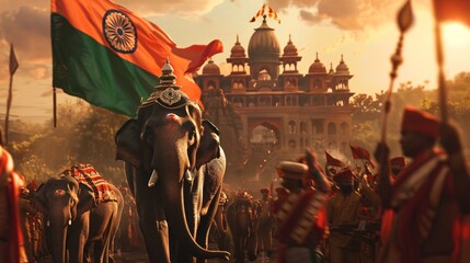Decorated elephant leading a procession in front of a temple with a large indian flag waving in the wind