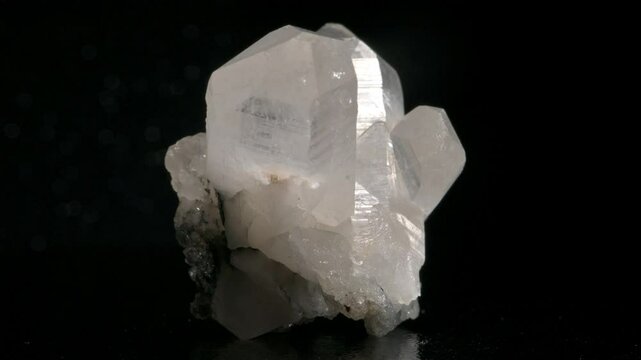 Clear quartz crystal rotating slowly against a black background.