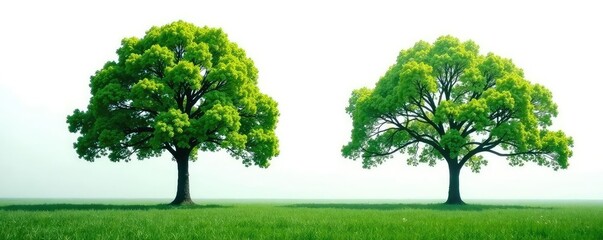 Branches of trees isolated on white background with slight fog, leaves, landscape, greenery