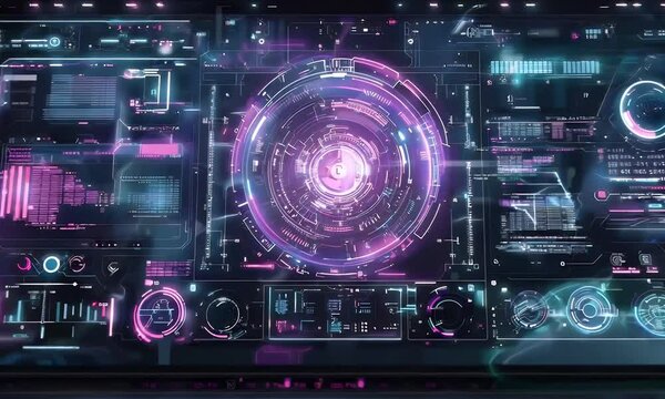 Cyber Tech background, with glowing interface panels and neon purple and blue color scheme
