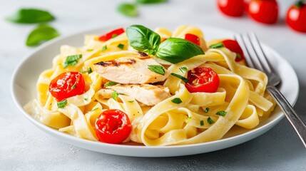 Close up of creamy pasta dish with grilled chicken and cherry tomatoes, garnished with basil. Bright lighting, appetizing presentation.
