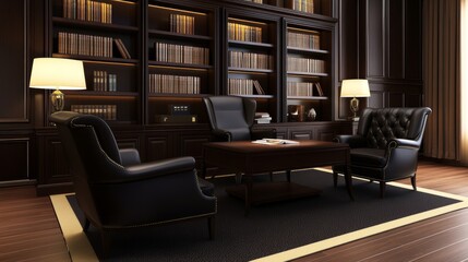 Elegant office interior featuring leather chairs, a wooden table, and a bookshelf backdrop
