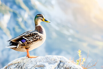 Fototapeta premium Duck is standing on a rock in front of a mountain