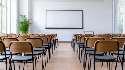 Empty conference room with rows of chairs and a large blank projection screen on a white wall.
