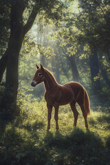 Fototapeta premium Innocent Majesty: A Young Horse's Heartfelt First Steps in Nature's Embrace