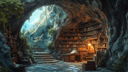 A forgotten library buried deep inside a mountain cave