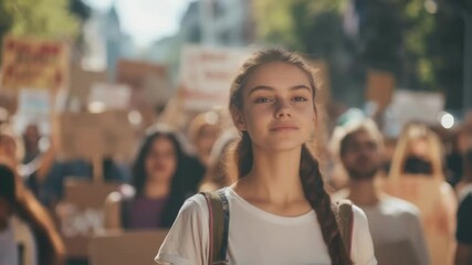 Confident young woman standing at the forefront of a protest march, holding a sign and advocating for social change with a determined crowd of supporters behind her