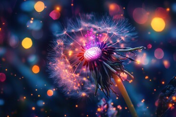 Closeup of a Dandelion Seed Head with Vibrant Colorful Bokeh Lights