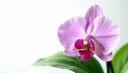 Obraz premium Delicate orchid petals unfolding on white background, green leaf, flower