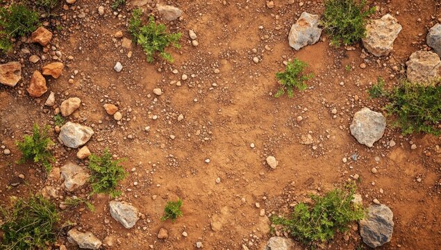 Dry, rocky dirt path with small plants
