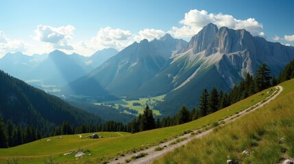 Fototapeta premium Wide-angle view of Mont Aigoual in France during midday, with mild, sunny summer weather.
