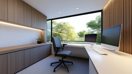 Modern office interior with a view of greenery, featuring a desk, chair, and computer setup