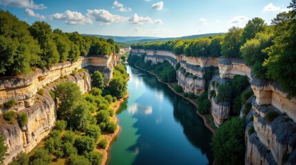 Fototapeta premium High-quality photo of Gorges de l'Ardèche in France during midday, with mild, sunny summer conditions, viewed from a panoramic perspective.
