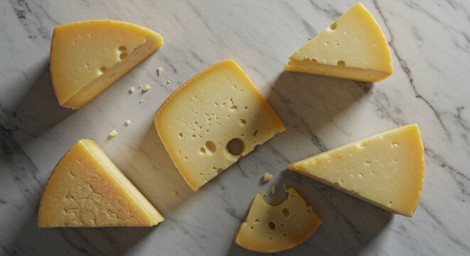 A top down view of several pieces of cheese on a marble surface in a well lit environment