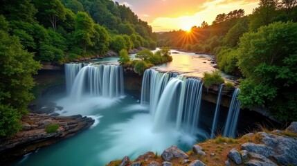 Cascade d'Ars in France at dawn, with sunny, mild summer conditions, captured from above.