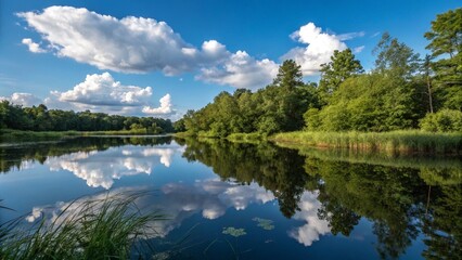 A serene lake reflecting a blue sky with fluffy clouds, surrounded by lush green trees, capturing a peaceful nature scene.

