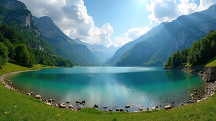 Lac de Serre Poncon in France during midday with mild, sunny summer conditions, viewed from a panoramic perspective.