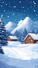 Naklejka premium Frosty scene with wooden cabins under a blanket of snow in a quiet winter day. Vertical.