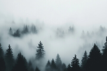 Obraz premium Fog Rolling Through Forest Landscape with Pine Trees on Misty Mountain