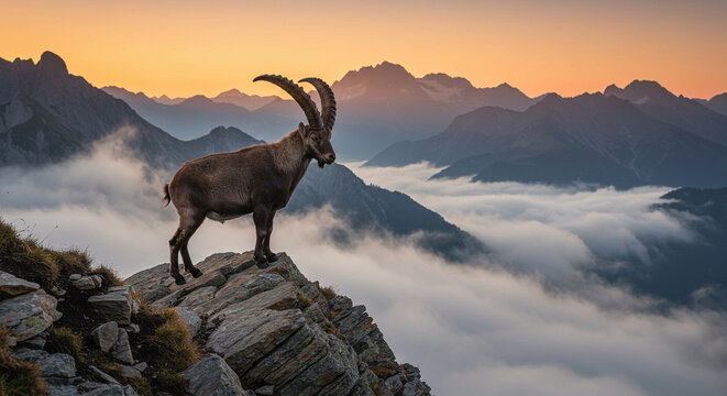 Un bouquetin majestueux debout sur une falaise rocheuse dans les Alpes fran&ccedil;aises au lever du soleil, avec de la brume qui entoure les montagnes