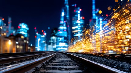 Fototapeta premium Night cityscape with train tracks leading towards blurred city lights and streaks of light, conveying a sense of speed and progress.