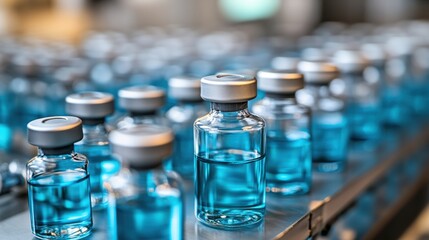 Rows of Glass Vials Filled with Blue Liquid Pharmaceutical Production Vaccine Development Science
