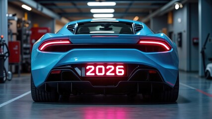 Obraz premium 2026 sign on Modern sports car showcasing futuristic design in a workshop 
