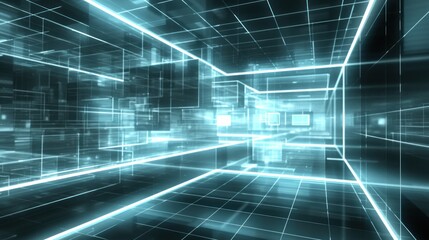 Futuristic digital network tunnel with glowing lines and interconnected cubes.