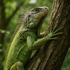 Fototapeta premium A striking organic nature scene featuring a lizard perched gracefully on a tree branch
