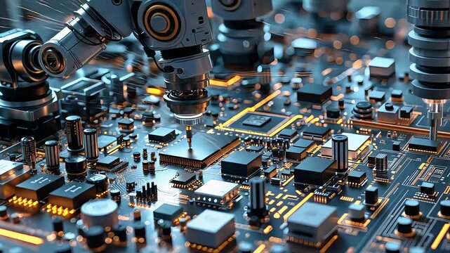 Robotic arms assembling electronic components on circuit board in high-tech manufacturing facility with precision tools

