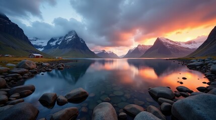 Obraz premium Serene landscape in Norway during dawn, featuring cloudy skies, captured from a panoramic perspective.