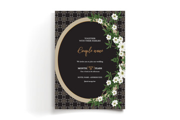 WEDDING INVITATION FRAME WITH FLOWER DECORATIONS AND FRESH LEAVES