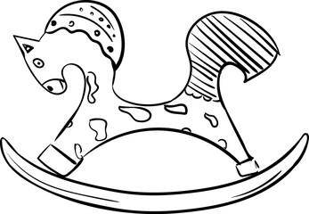 Handdrawn toy horse doodle icon. Hand drawn black sketch. Sign cartoon symbol. Decoration element. White background. Isolated. Flat design. Vector illustration