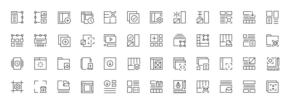 Layout icon collection. Grid icon set. User interface icons, sidebar, layout, grid system, toolbar, wireframe, alignment guide, configuration and more. Editable stroke. Pixel Perfect.
