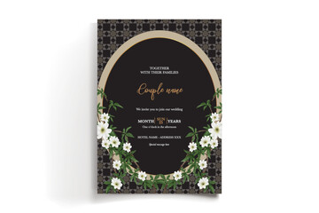 WEDDING INVITATION FRAME WITH FLOWER DECORATIONS AND FRESH LEAVES