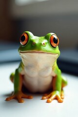 Frog sitting on white desk, office, frog on desk