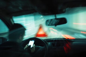 Driving while distracted with smartphone in hand and blurred warning signs in background reveals potential danger