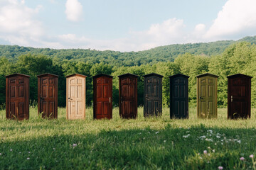 Doors standing alone in a vibrant green field against a backdrop of rolling hills and blue sky